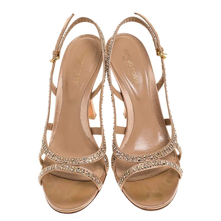 Pre Owned Sergio Rossi Beige Satin Crystal Embellished Slingback Sandals Size 38.5