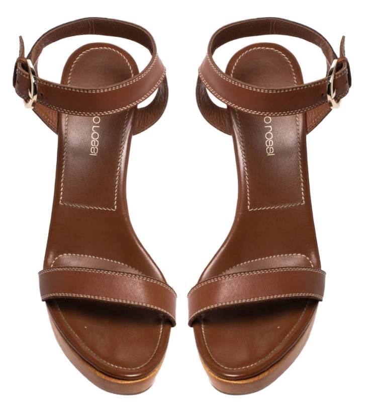 Pre Owned Sergio Rossi Brown Leather Wooden Platform And Heel Ankle Strap Sandals Size 39