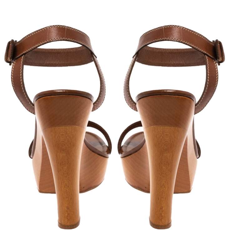 Pre Owned Sergio Rossi Brown Leather Wooden Platform And Heel Ankle Strap Sandals Size 39