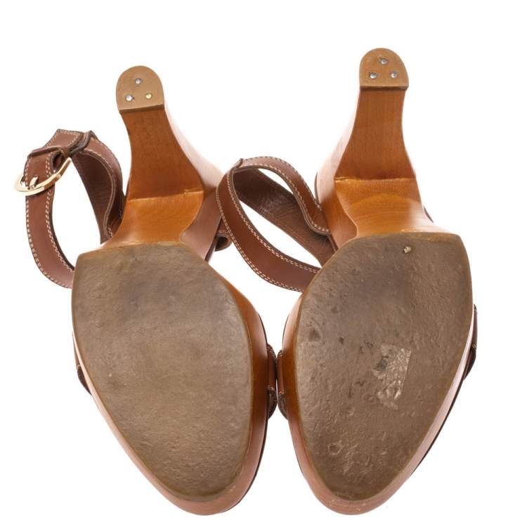 Pre Owned Sergio Rossi Brown Leather Wooden Platform And Heel Ankle Strap Sandals Size 39