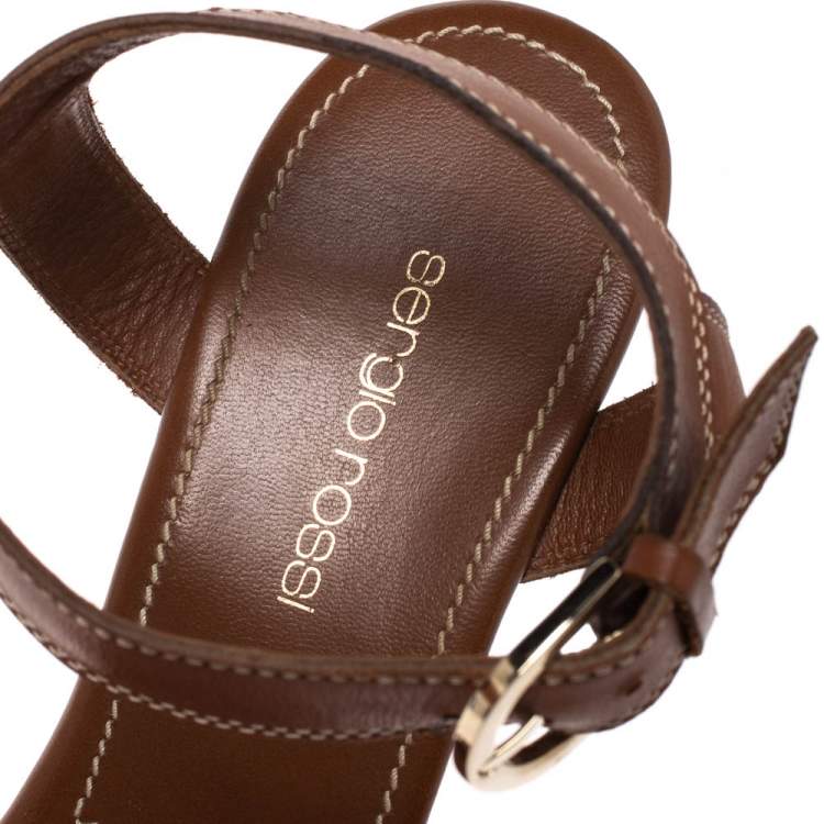 Pre Owned Sergio Rossi Brown Leather Wooden Platform And Heel Ankle Strap Sandals Size 39