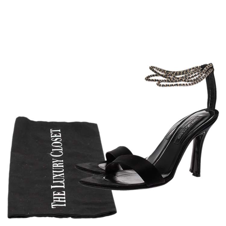 Pre Owned Sergio Rossi Black Satin Beaded Ankle Strap Sandals Size 39.5