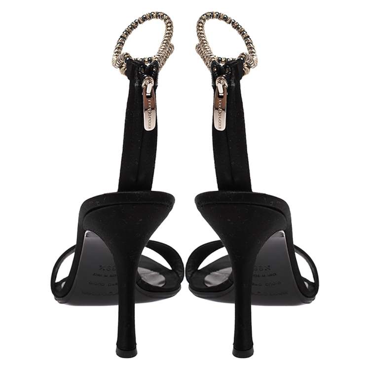 Pre Owned Sergio Rossi Black Satin Beaded Ankle Strap Sandals Size 39.5