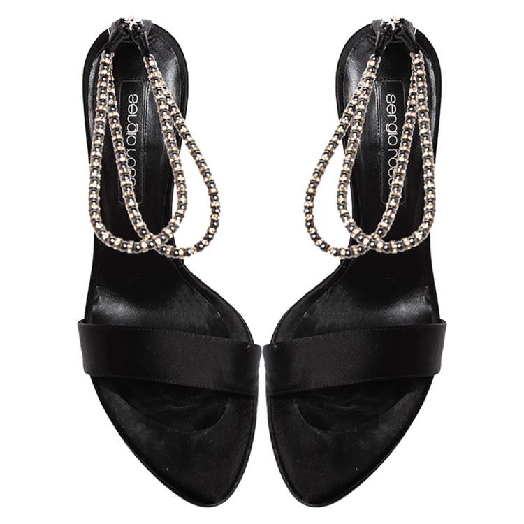 Pre Owned Sergio Rossi Black Satin Beaded Ankle Strap Sandals Size 39.5
