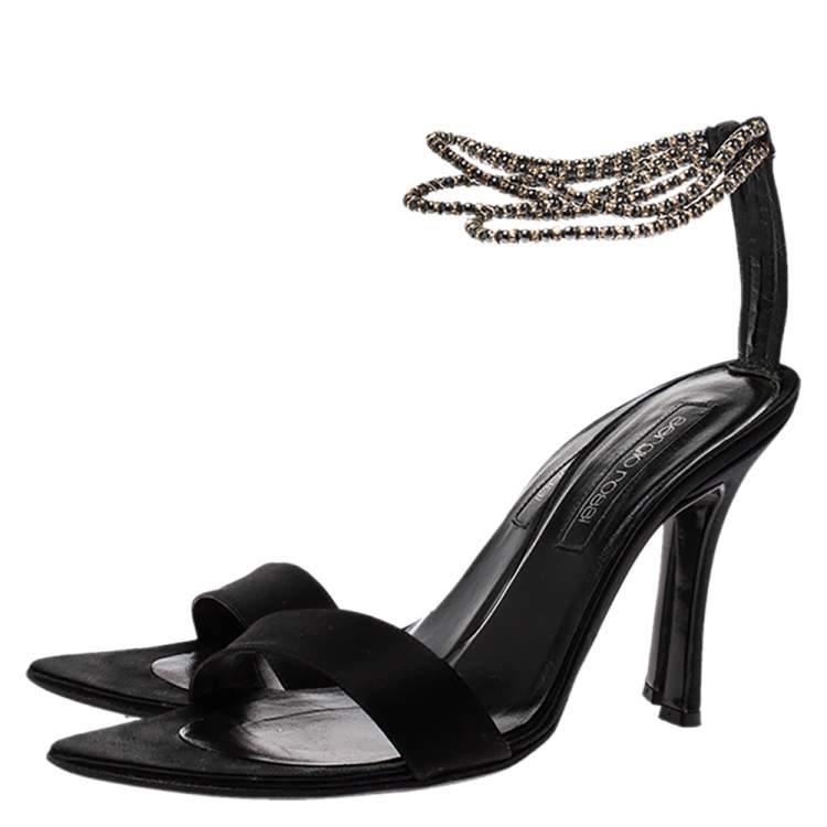 Pre Owned Sergio Rossi Black Satin Beaded Ankle Strap Sandals Size 39.5