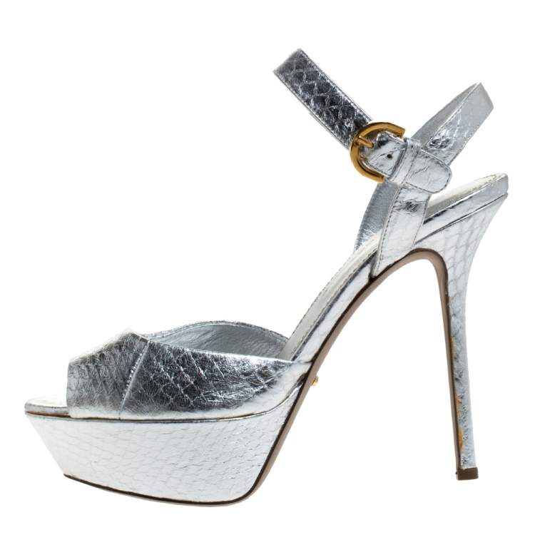 Pre Owned Sergio Rossi Silver Python Embossed Leather Platform Ankle Strap Sandals Size 36