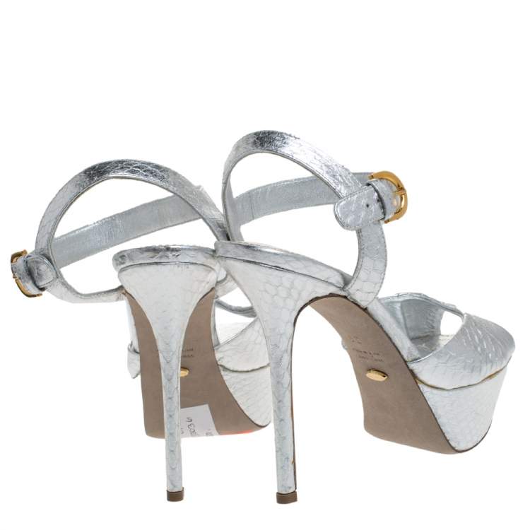 Pre Owned Sergio Rossi Silver Python Embossed Leather Platform Ankle Strap Sandals Size 36