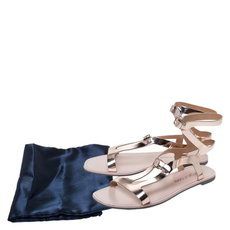 Pre Owned Sergio Rossi Rose Gold Leather Ankle Strap Flat Sandals Size 39.5