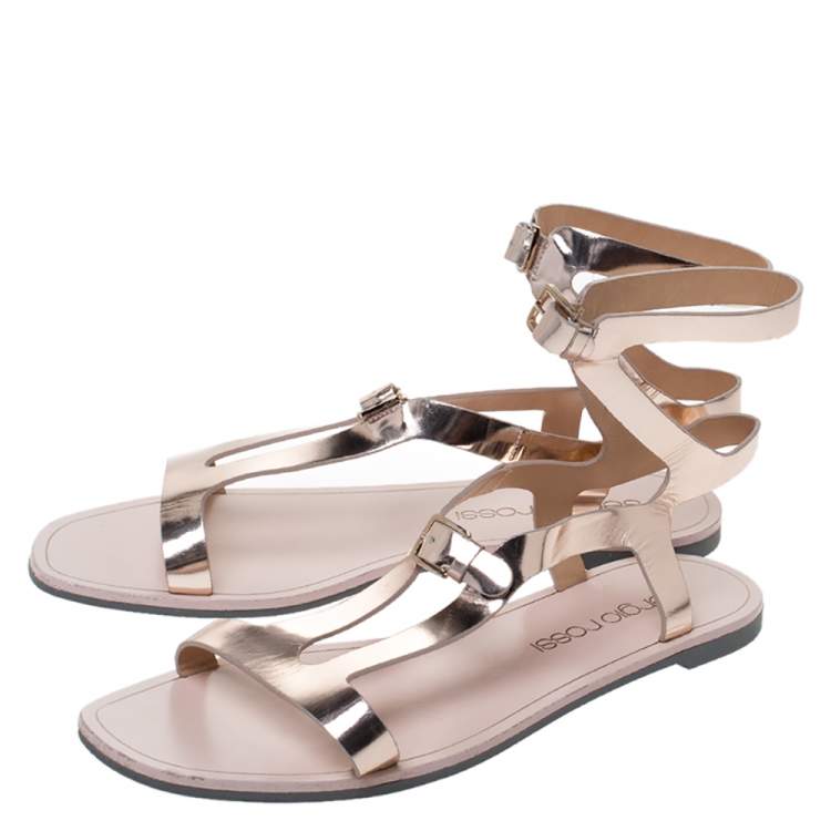 Pre Owned Sergio Rossi Rose Gold Leather Ankle Strap Flat Sandals Size 39.5