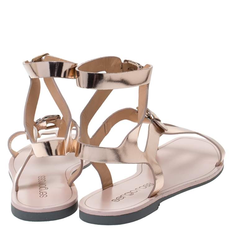 Pre Owned Sergio Rossi Rose Gold Leather Ankle Strap Flat Sandals Size 39.5