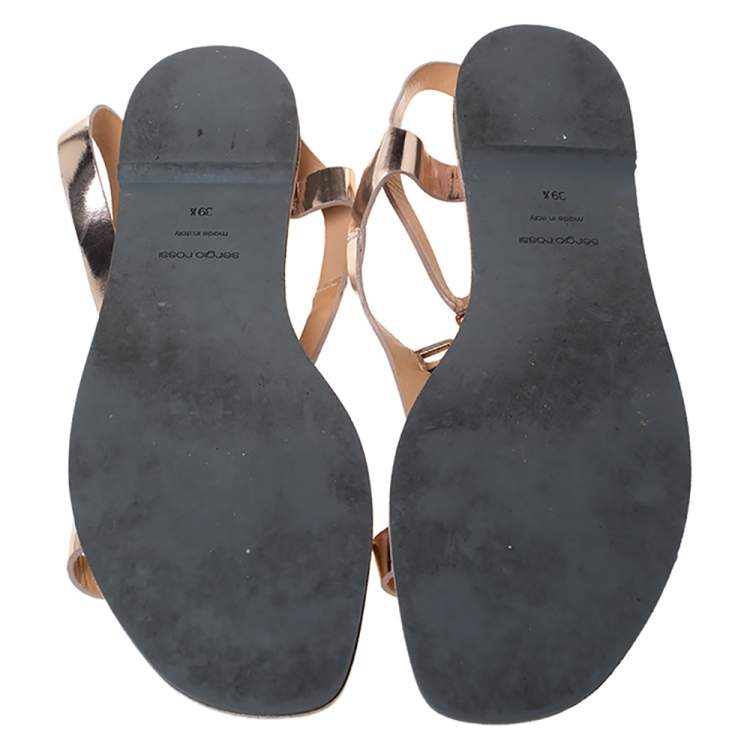 Pre Owned Sergio Rossi Rose Gold Leather Ankle Strap Flat Sandals Size 39.5