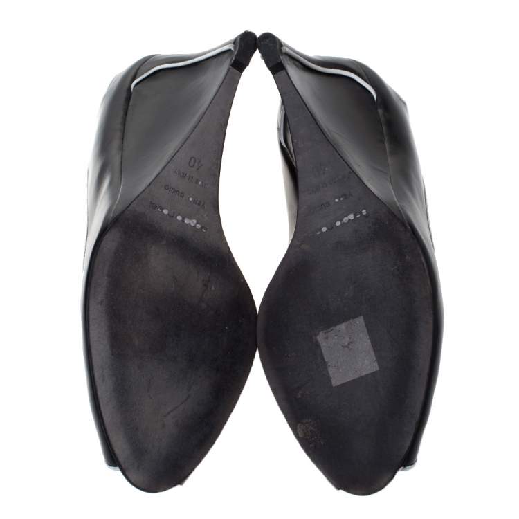 مملوكة مسبقًا Sergio Rossi Black and White Trim Leather Wedge Peep Toe Pumps Size 40