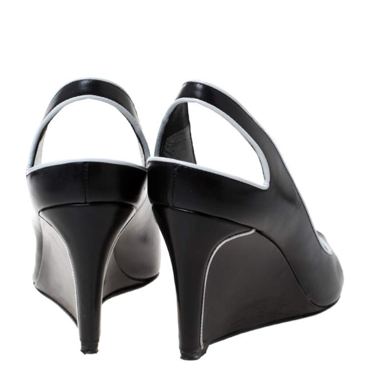 مملوكة مسبقًا Sergio Rossi Black and White Trim Leather Wedge Peep Toe Pumps Size 40