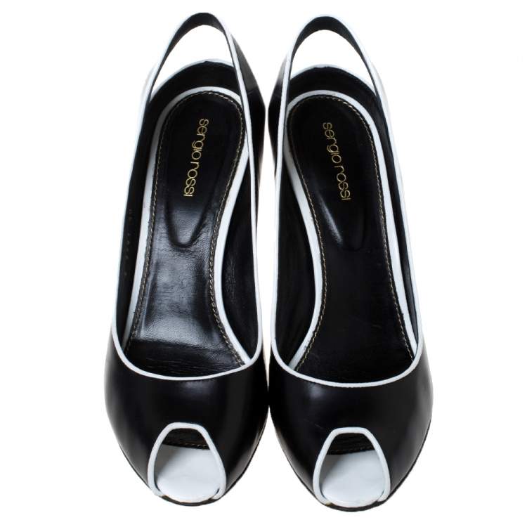 مملوكة مسبقًا Sergio Rossi Black and White Trim Leather Wedge Peep Toe Pumps Size 40
