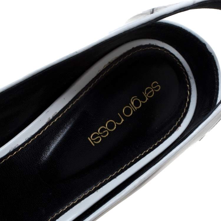 مملوكة مسبقًا Sergio Rossi Black and White Trim Leather Wedge Peep Toe Pumps Size 40