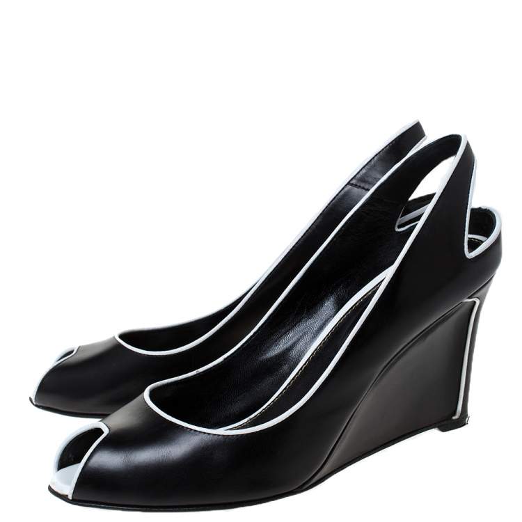 مملوكة مسبقًا Sergio Rossi Black and White Trim Leather Wedge Peep Toe Pumps Size 40