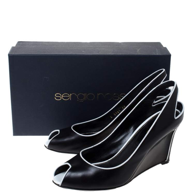 مملوكة مسبقًا Sergio Rossi Black and White Trim Leather Wedge Peep Toe Pumps Size 40