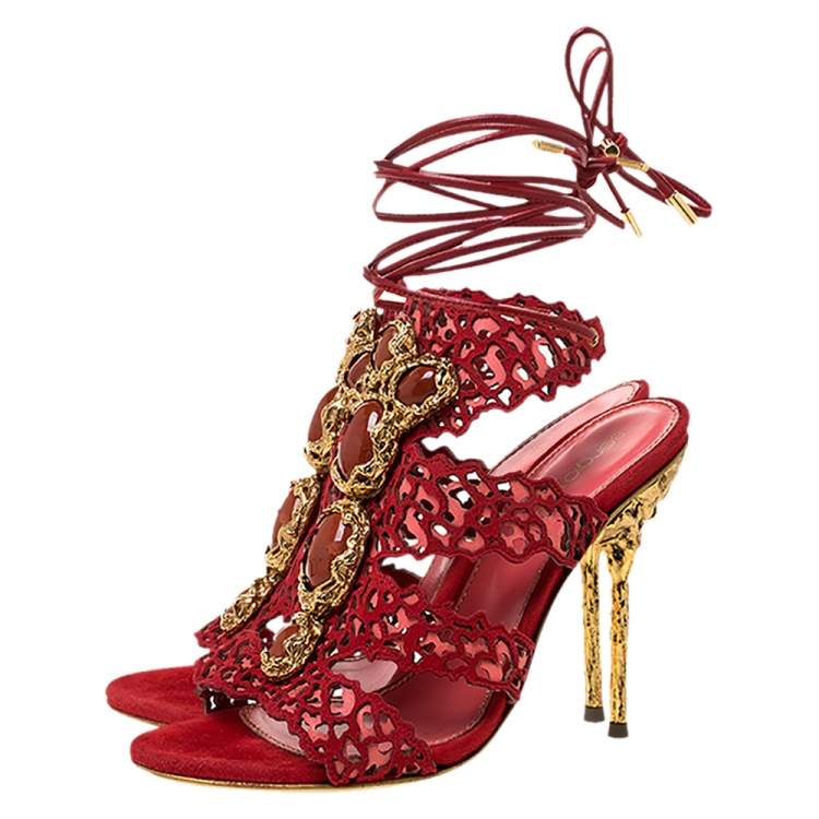 Pre Owned Sergio Rossi Red Suede Red Stone Detailed Laser Cut Sandals Size 35