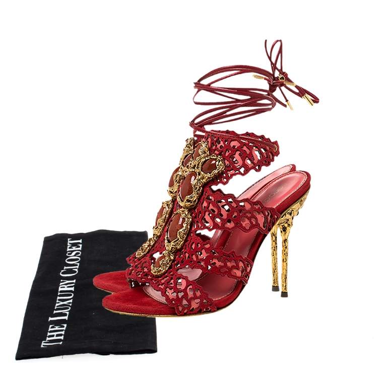 Pre Owned Sergio Rossi Red Suede Red Stone Detailed Laser Cut Sandals Size 35