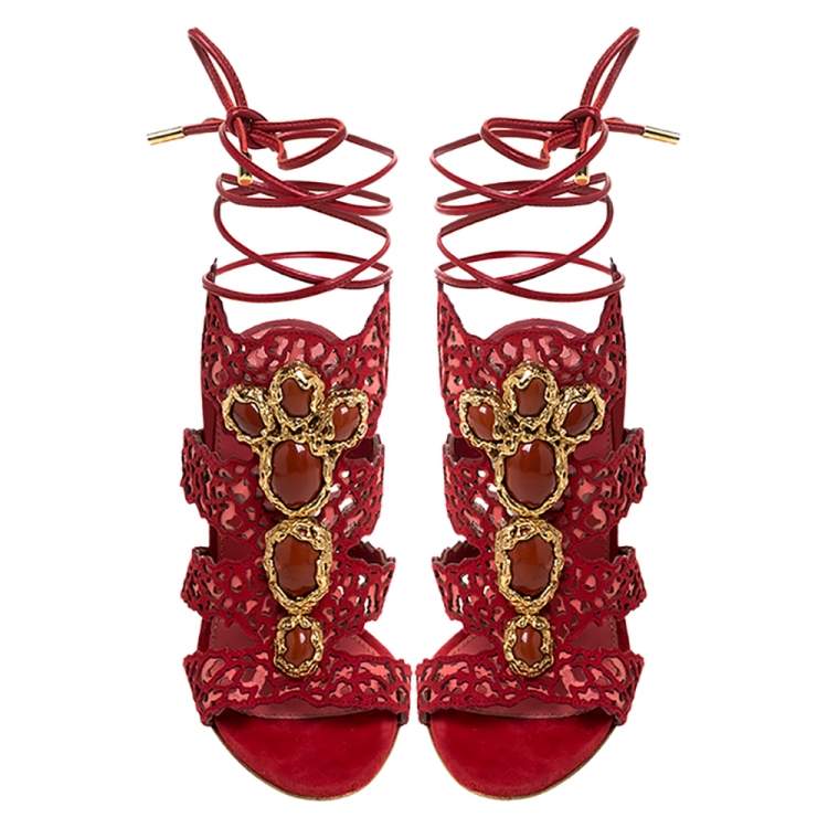 Pre Owned Sergio Rossi Red Suede Red Stone Detailed Laser Cut Sandals Size 35