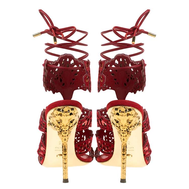 Pre Owned Sergio Rossi Red Suede Red Stone Detailed Laser Cut Sandals Size 35