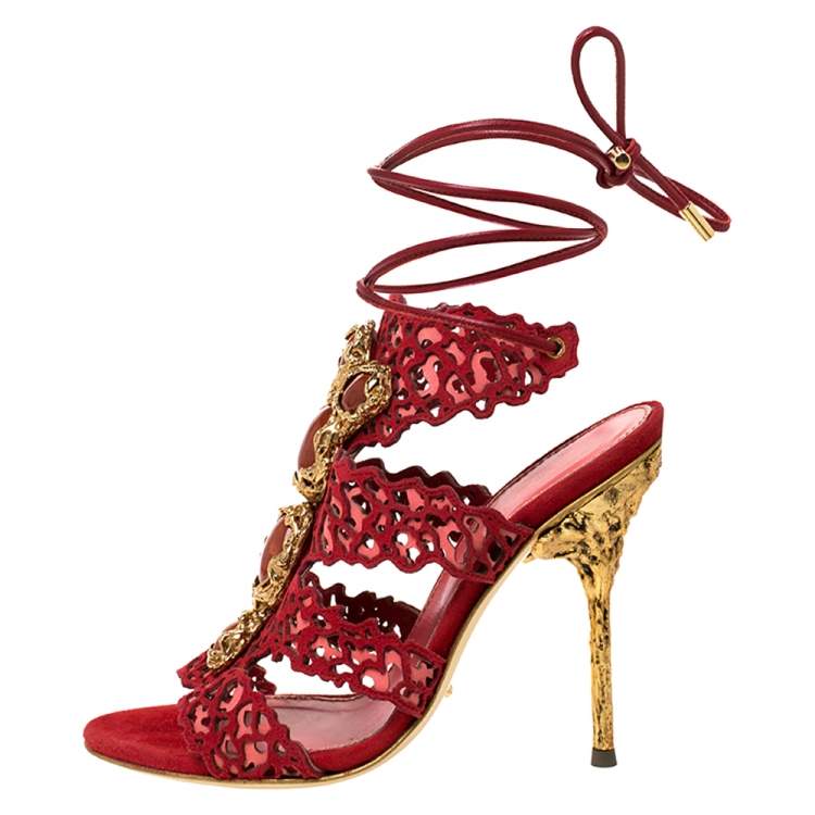 Pre Owned Sergio Rossi Red Suede Red Stone Detailed Laser Cut Sandals Size 35