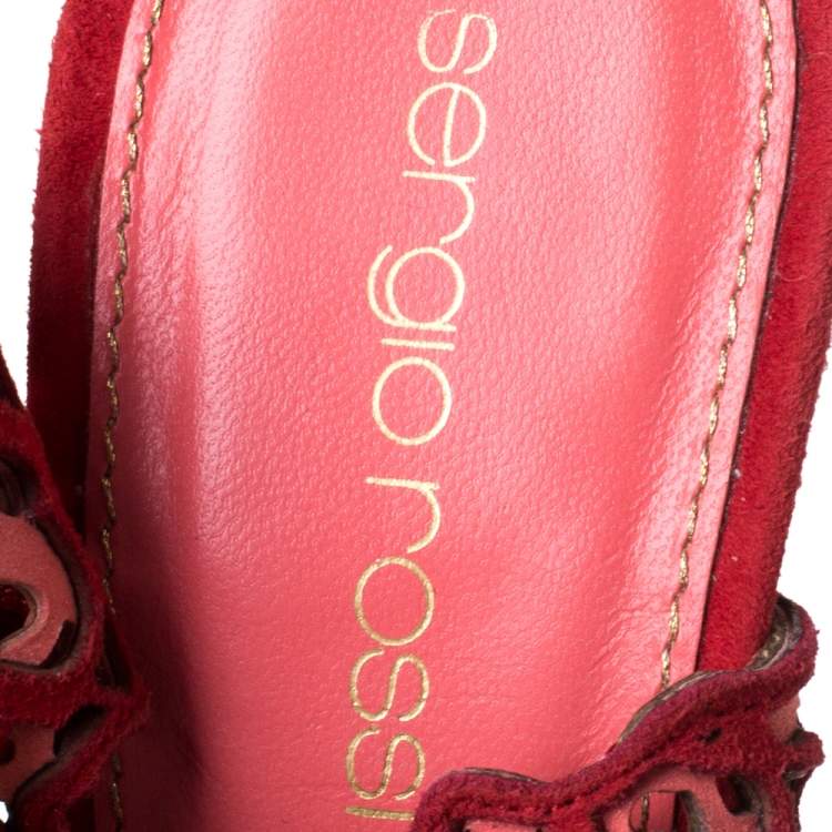 Pre Owned Sergio Rossi Red Suede Red Stone Detailed Laser Cut Sandals Size 35