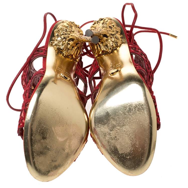 Pre Owned Sergio Rossi Red Suede Red Stone Detailed Laser Cut Sandals Size 35