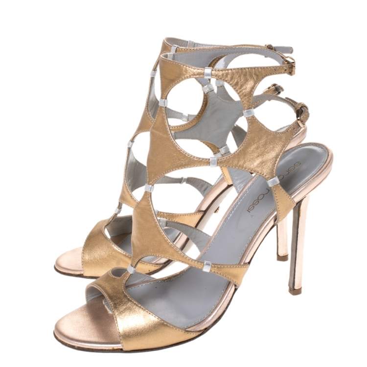 Pre Owned Sergio Rossi Metallic Gold Leather Ankle Strap Sandals Size 37
