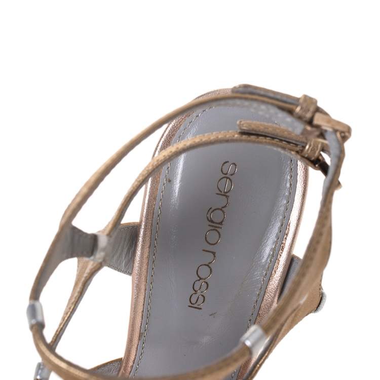 Pre Owned Sergio Rossi Metallic Gold Leather Ankle Strap Sandals Size 37