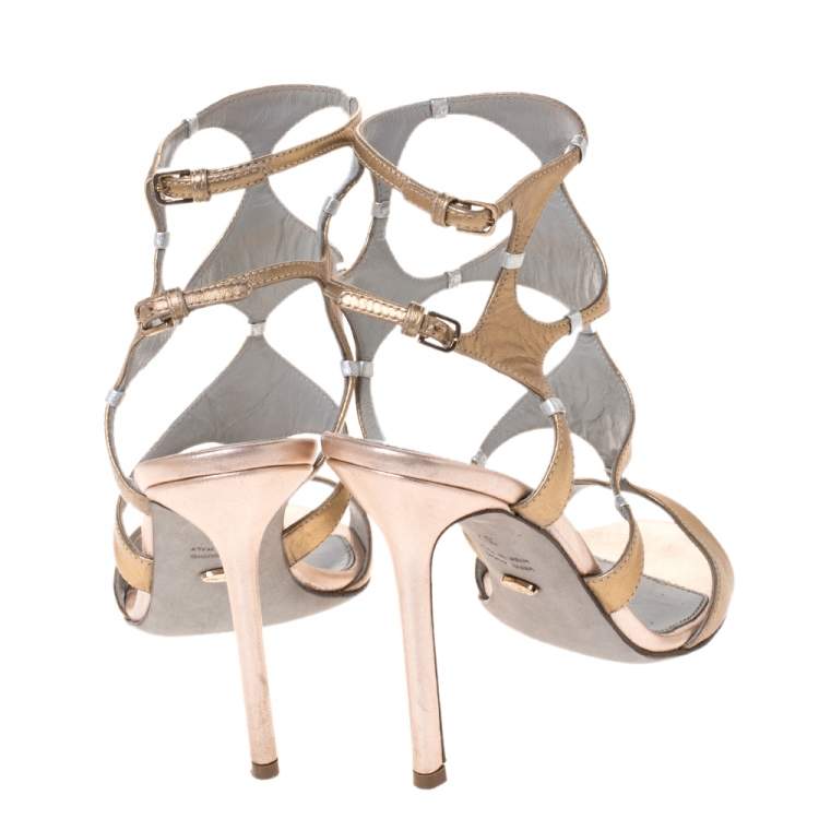 Pre Owned Sergio Rossi Metallic Gold Leather Ankle Strap Sandals Size 37