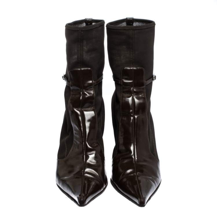 Pre Owned Sergio Rossi Dark Brown Leather and Mesh Pointed Toe Ankle Boots Size 40