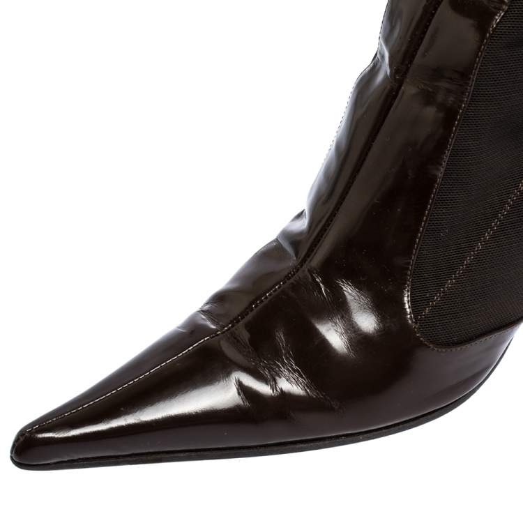 Pre Owned Sergio Rossi Dark Brown Leather and Mesh Pointed Toe Ankle Boots Size 40