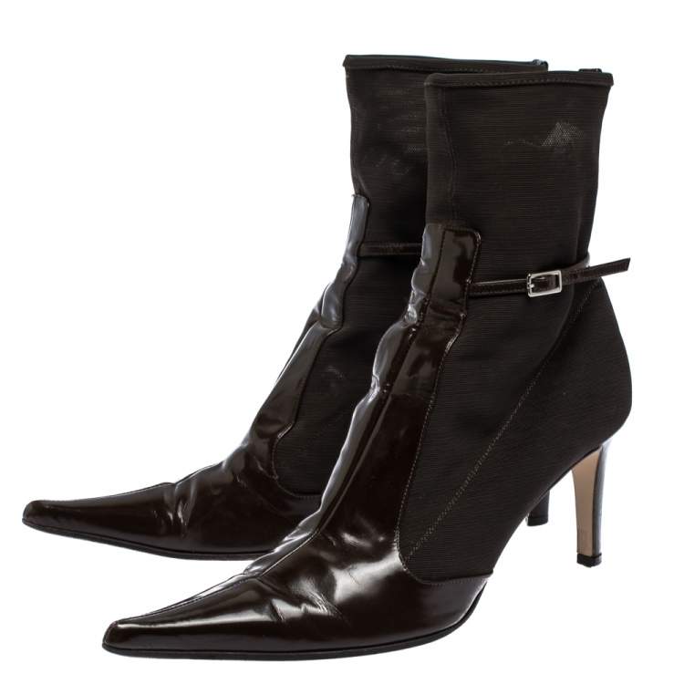 Pre Owned Sergio Rossi Dark Brown Leather and Mesh Pointed Toe Ankle Boots Size 40