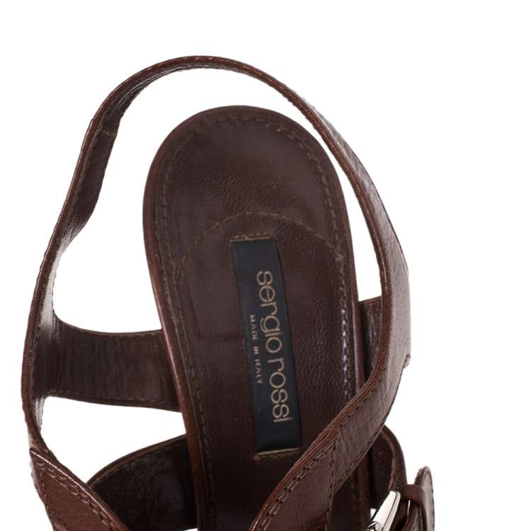 Pre Owned Sergio Rossi Brown Leather Buckle Detail Strappy Open Toe Sandals Size 38
