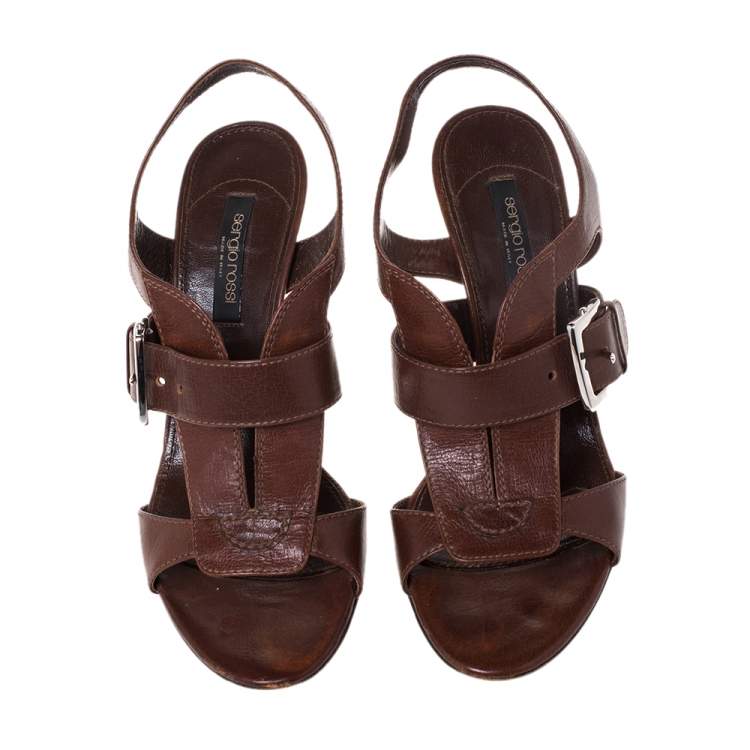Pre Owned Sergio Rossi Brown Leather Buckle Detail Strappy Open Toe Sandals Size 38