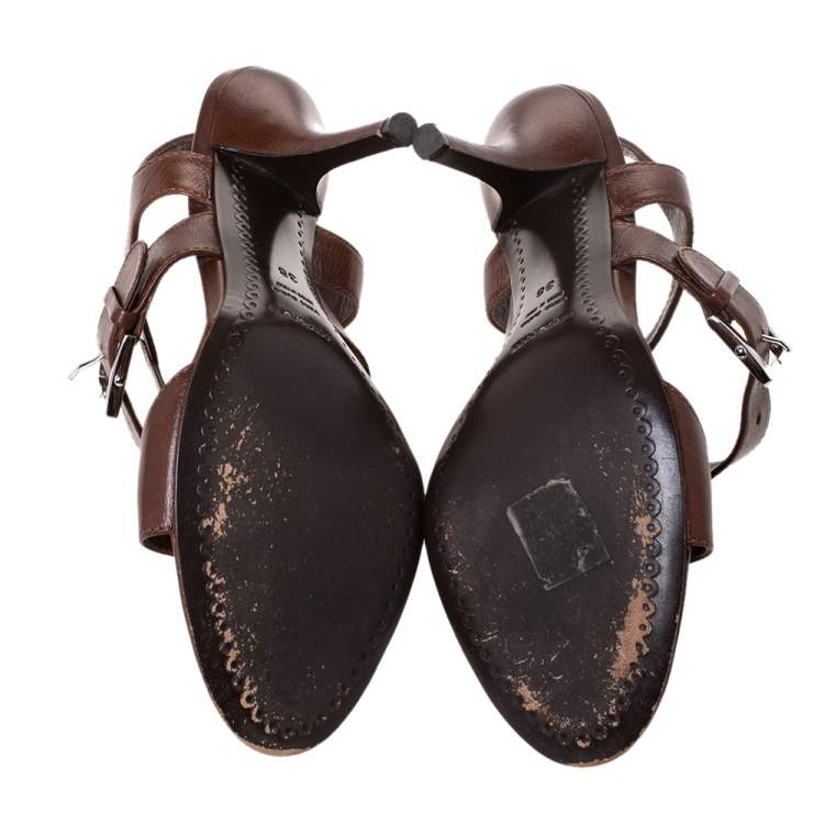 Pre Owned Sergio Rossi Brown Leather Buckle Detail Strappy Open Toe Sandals Size 38