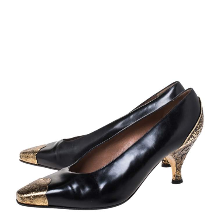 Pre Owned Sergio Rossi Black Leather Metal Detail Square Toe Pumps Size 38