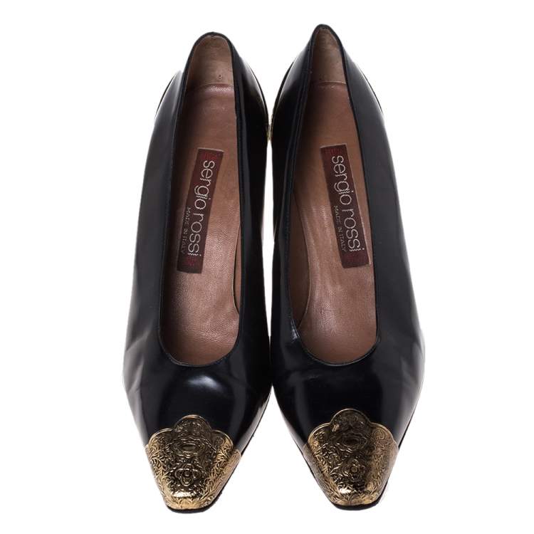 Pre Owned Sergio Rossi Black Leather Metal Detail Square Toe Pumps Size 38
