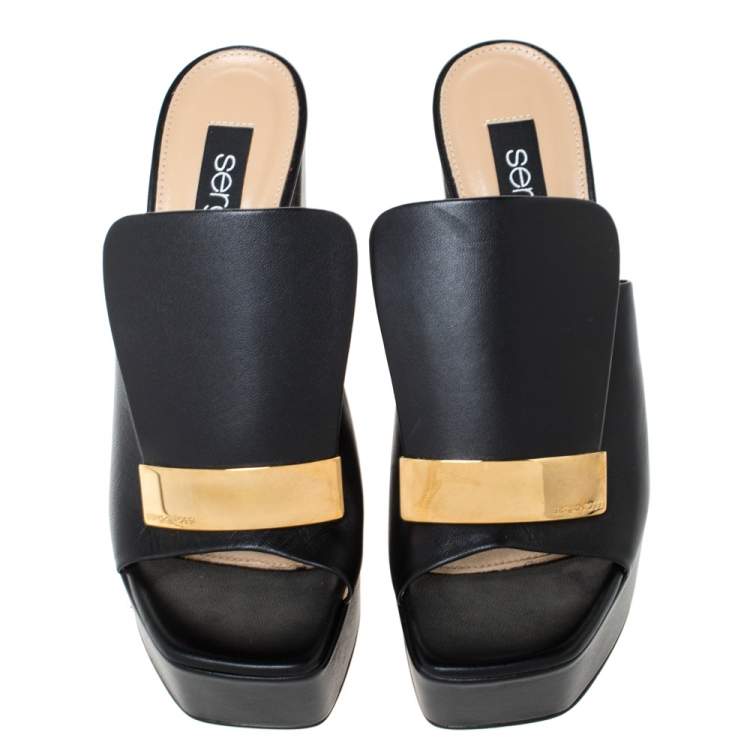 Pre Owned Sergio Rossi Black Leather SR1 Platform Slide Mules Size 36