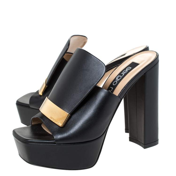 Pre Owned Sergio Rossi Black Leather SR1 Platform Slide Mules Size 36