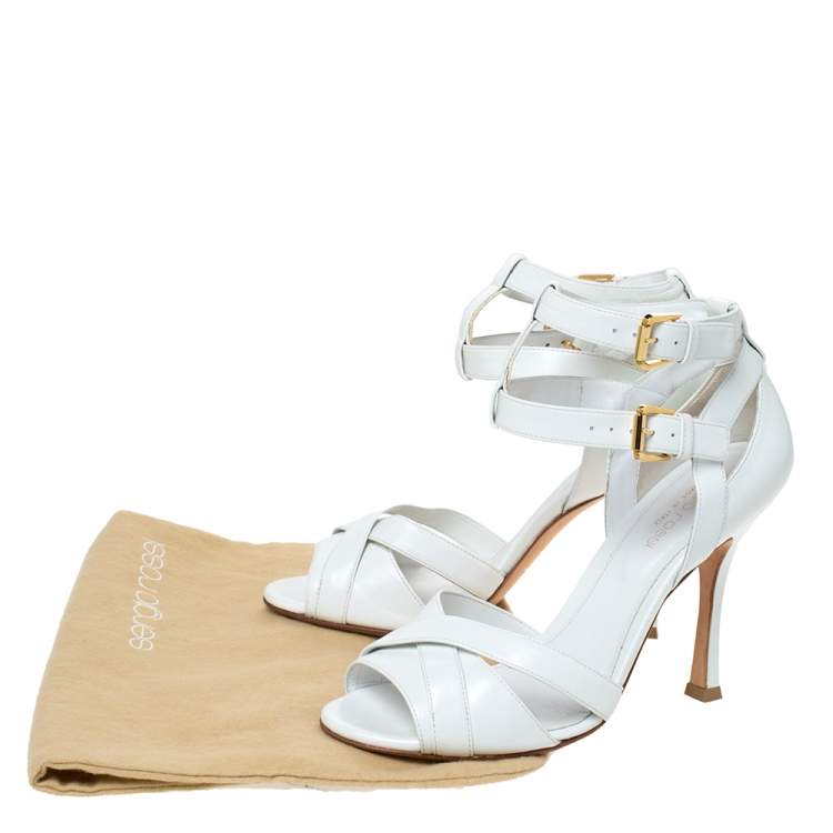 Pre Owned Sergio Rossi White Leather Double Ankle Strap Cross Strap Open Toe Sandals Size 37.5