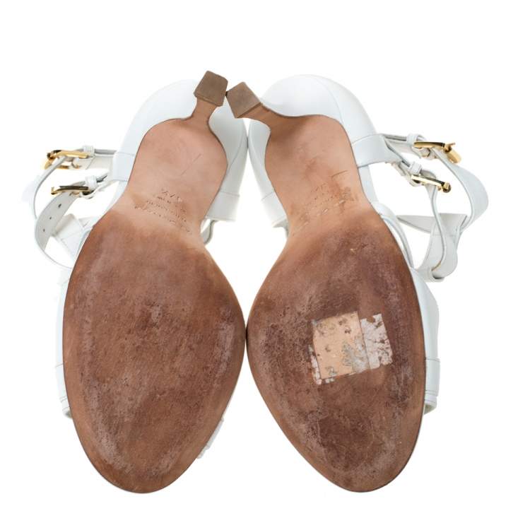 Pre Owned Sergio Rossi White Leather Double Ankle Strap Cross Strap Open Toe Sandals Size 37.5