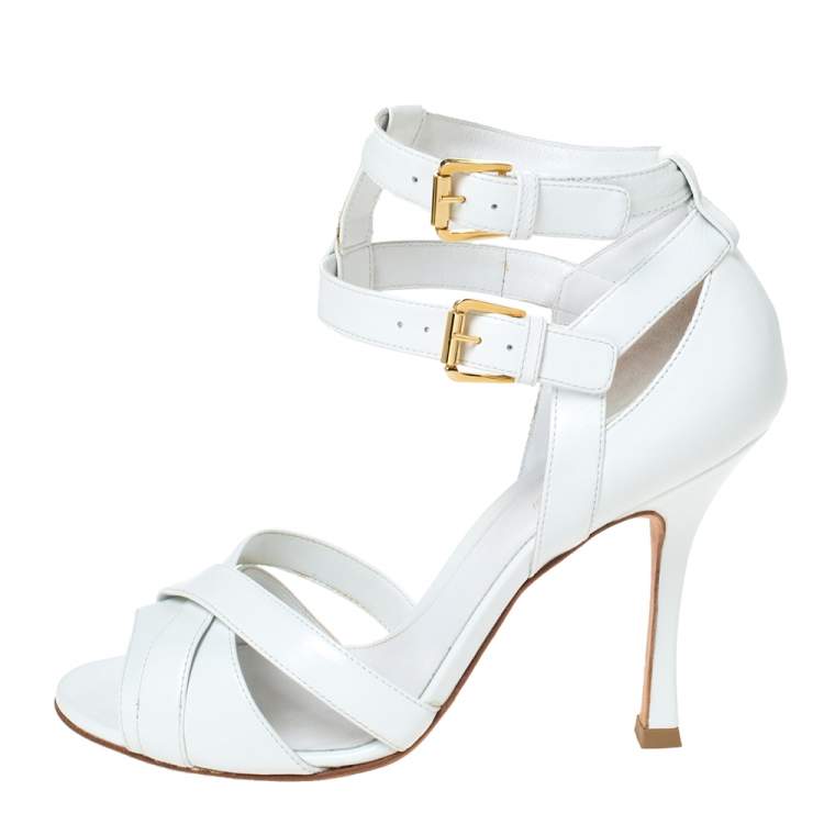 Pre Owned Sergio Rossi White Leather Double Ankle Strap Cross Strap Open Toe Sandals Size 37.5