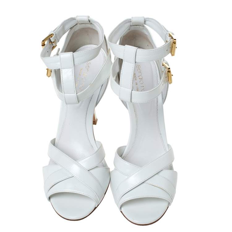 Pre Owned Sergio Rossi White Leather Double Ankle Strap Cross Strap Open Toe Sandals Size 37.5