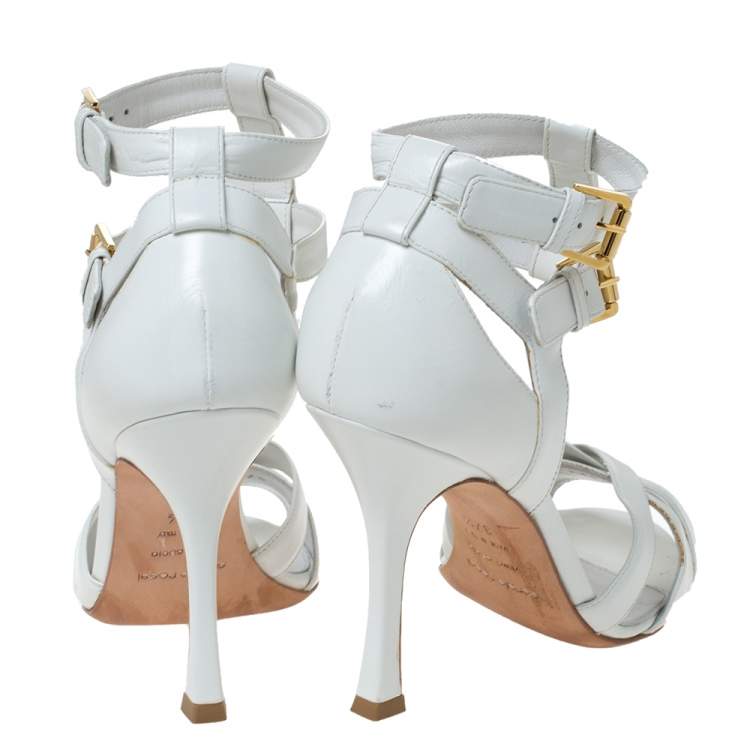 Pre Owned Sergio Rossi White Leather Double Ankle Strap Cross Strap Open Toe Sandals Size 37.5