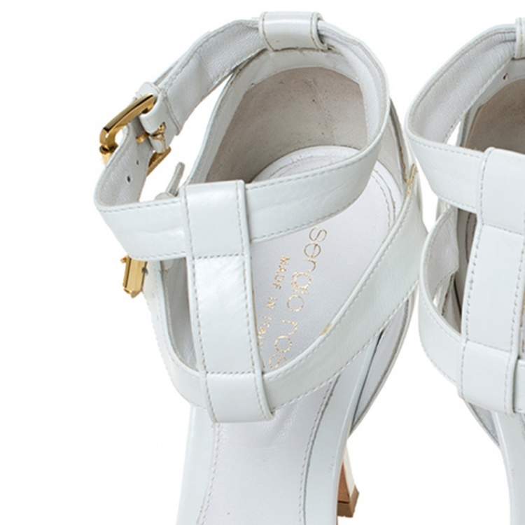 Pre Owned Sergio Rossi White Leather Double Ankle Strap Cross Strap Open Toe Sandals Size 37.5