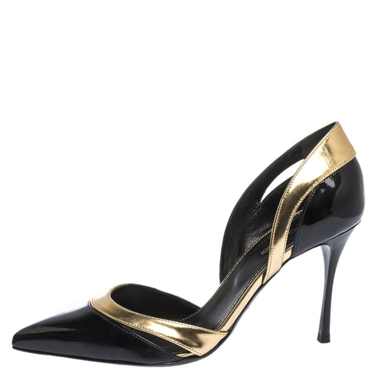 Sergio Rossi Black Patent And Gold Leather Pointed Toe D'orsay