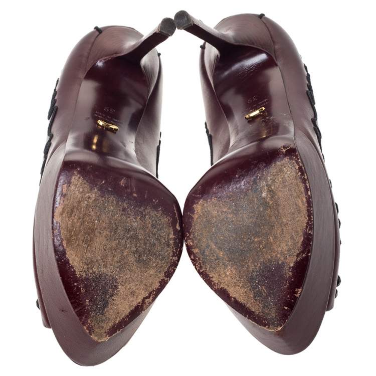 Pre Owned Sergio Rossi Burgundy Leather Embellished Platform Open Toe Pumps Size 39