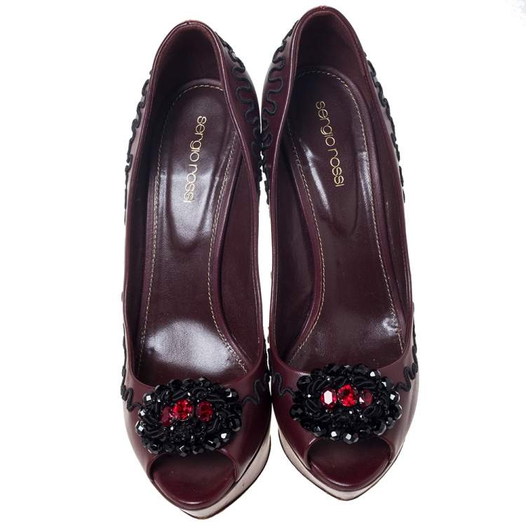Pre Owned Sergio Rossi Burgundy Leather Embellished Platform Open Toe Pumps Size 39